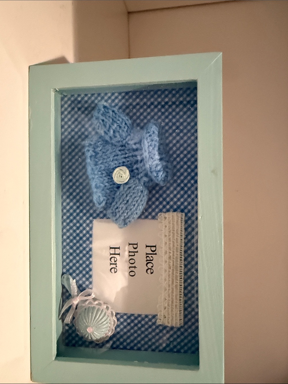 Handmade Blue Shadow Box Photo Frame with Crochet Flower